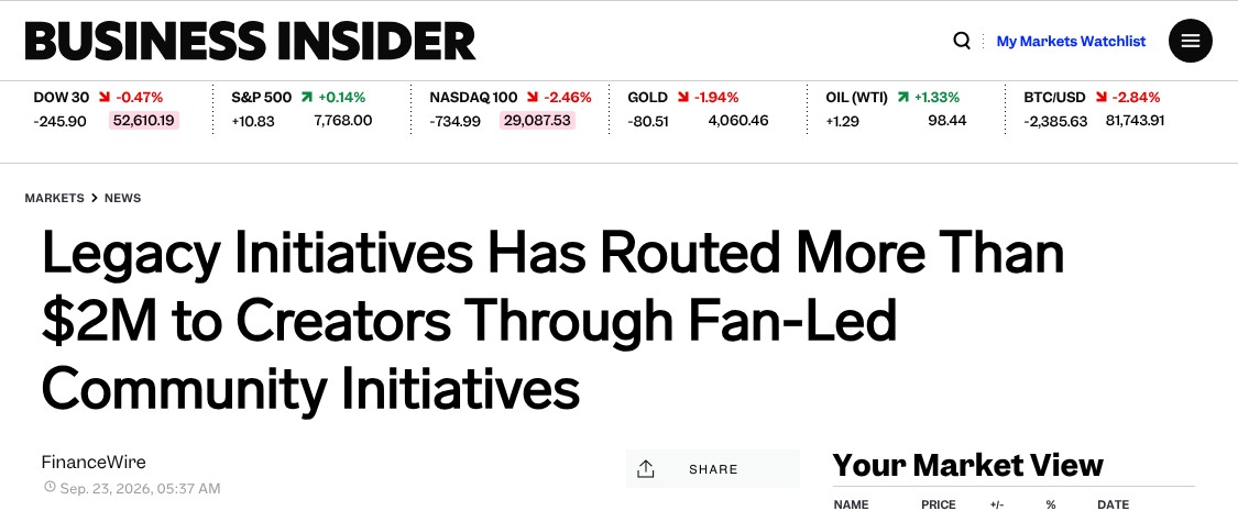 Business Insider article: Legacy Initiatives Has Routed More Than $2M to Creators Through Fan-Led Community Initiatives